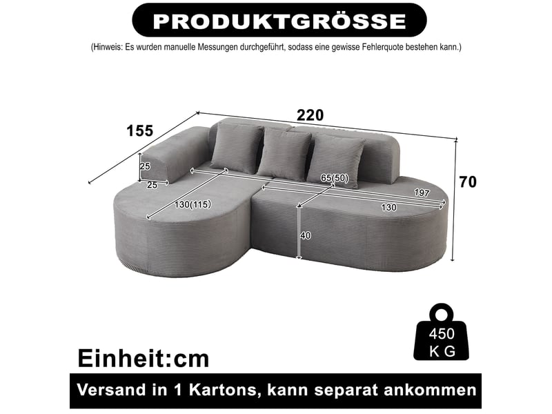 Canapé d'angle 220x155x70 cm gris en velours côtelé, méridienne incurvée et 3 coussins inclus pour salon  - Conforama C