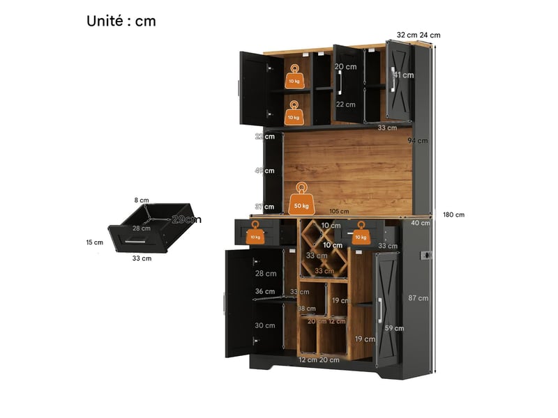  Meuble de cuisine haut avec led et range-bouteilles mdf noir et naturel 105x40x180 cm N635P4818313233S - Conforama C