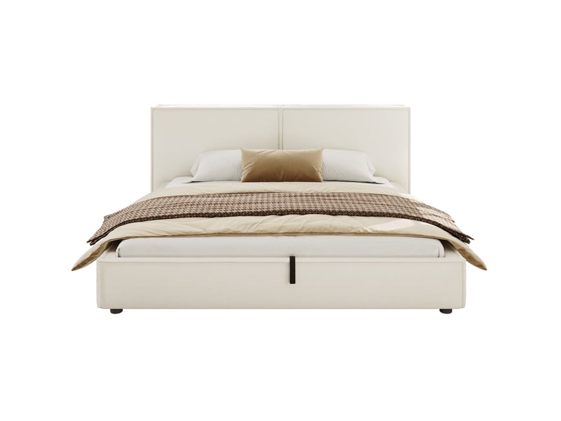  Lit double 180 × 200 cm avec coffre hydraulique, sommier à lattes et tête de lit rembourrée en tissu bouclette blanc  - Conforama A