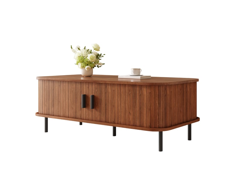 Table basse rectangulaire à portes coulissantes avec rangement, design moderne à lattes verticales, table d'appoint pour salon. - Conforama A