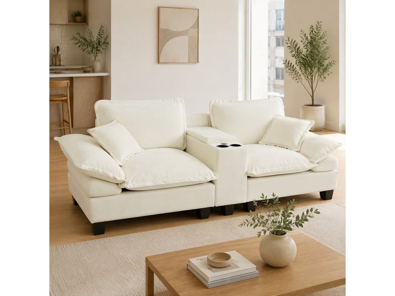  Canapé 2 places modulable beige en chenille avec repose-pieds, rangement, porte-gobelets et ports usb  - Conforama C
