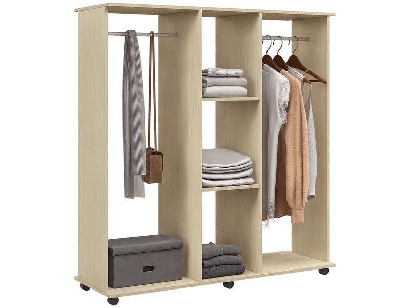  Armoire penderie meuble de rangement mobile 6 roulettes 120l x 40l x 128h cm en bois naturel  - Conforama A
