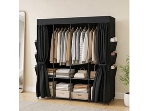 Armoire penderie en tissu noire 170 x 45 x 167 cm, 5 tringles et 4 étagères