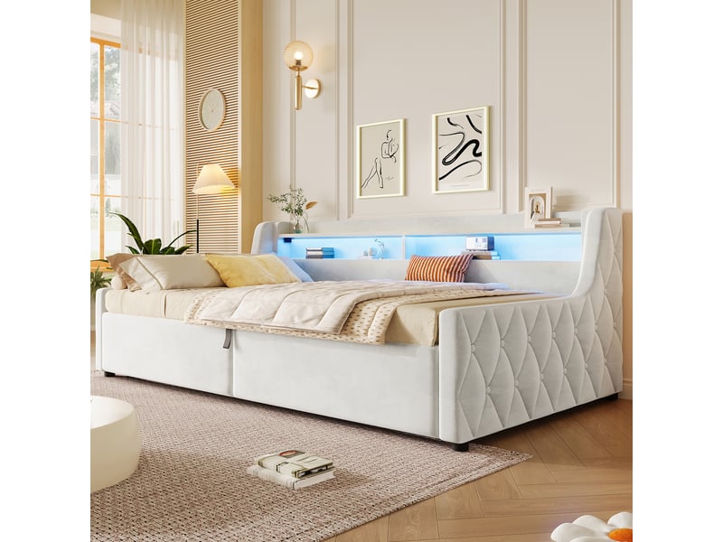 Lit coffre beige 90x200 cm en velours avec relevage hydraulique, tête de lit à led multicolores et rangement sous sommier  - Conforama B