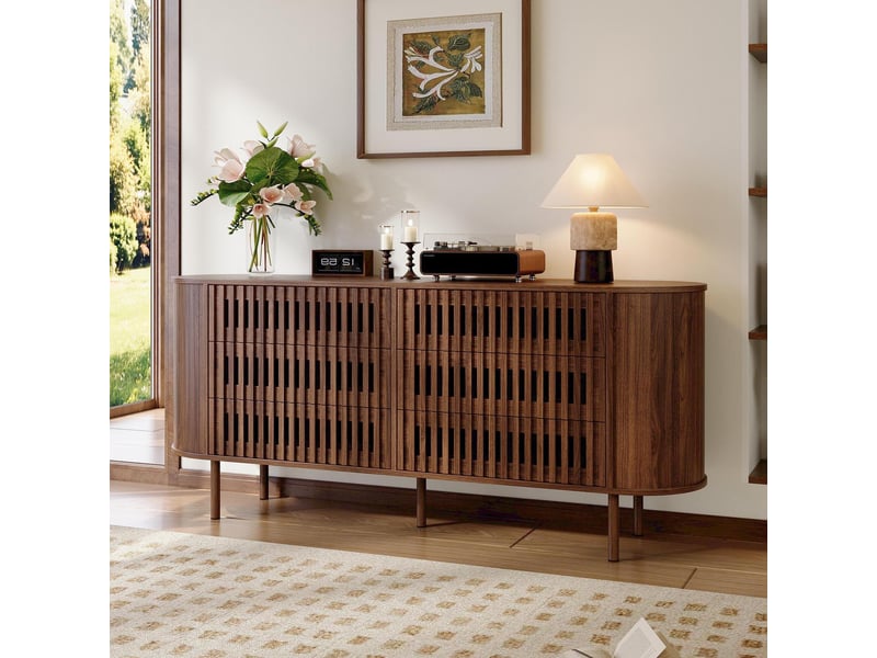  Commode 6 tiroirs - 160x40x70cm - commode basse de salon avec côtelés ajourés &amp; angles arrondis - noyer  - Conforama C