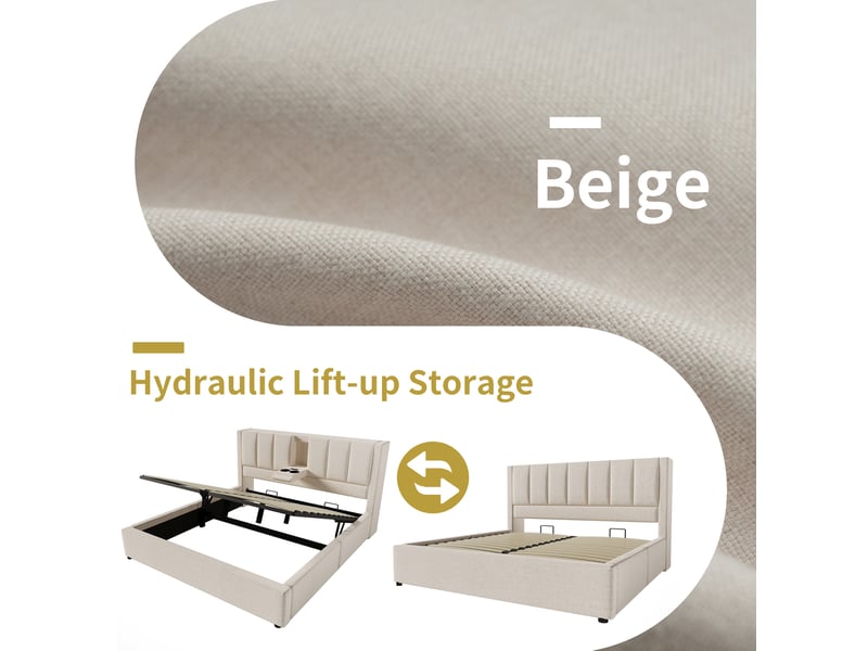 Lit coffre 140 × 200 cm 2 places avec usb, type-c, porte-gobelets et matelas inclus, en lin beige - Conforama E