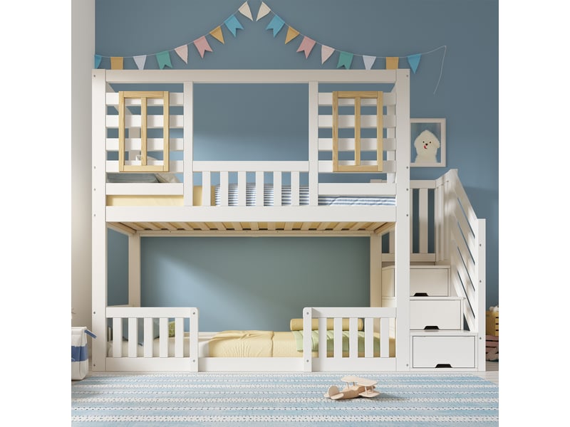  Lit superposé cabane 90x200 cm blanc avec escalier de rangement, lit enfant en bois avec fenêtres et sommier inclus  - Conforama B