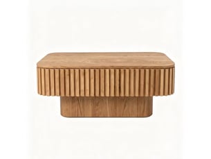 Table basse cannelée bois naturel 98 cm, placage bois massif, rangement caché