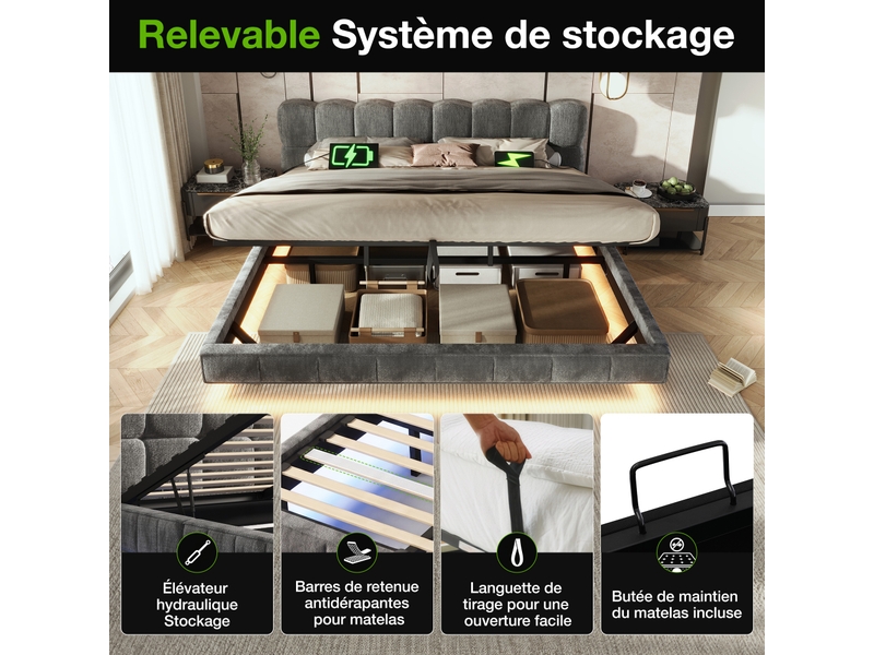  Lit coffre rembourré 140x190cm - avec lumière led et port usb - design flottant - tissu chenille - gris (sans matelas)  - Conforama R
