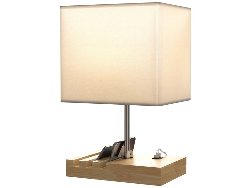  Lampe de chevet avec ports usb-a et usb-c, lampe de table moderne, 3 supports pour téléphone, ampoules non incluses, blanche  - Conforama A
