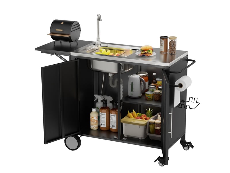  Table barbecue évier îlot cuisine plan rabattable armoire rangement métal chariot roulettes jardin cour pelouse  - Conforama D