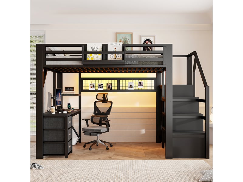 Lit mezzanine 140x200 cm noir, avec bureau, 3 tiroirs, rangements, penderie, led, structure métal, sommier inclus, sans matelas - Conforama W