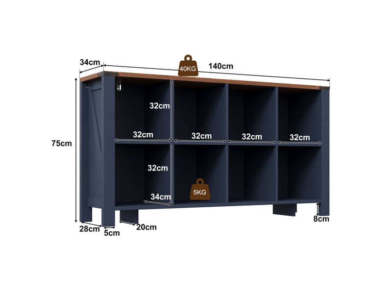  Buffet de rangement bleu en mdf avec 8 compartiments ouverts, 140 x 34 x 75 cm, pour un intérieur organisé  - Conforama C