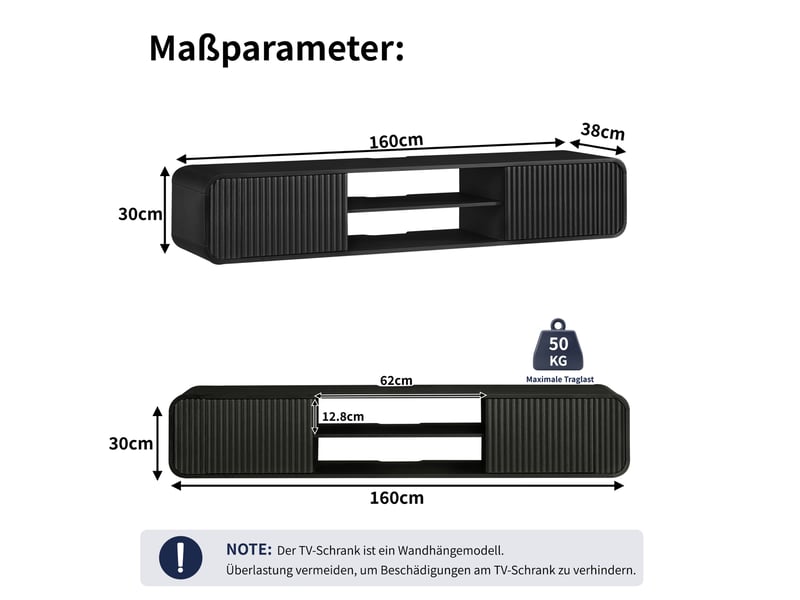  Meuble tv mural noir 160 cm en panneau de particules, rangements ouverts et passe-câbles pour un salon ordonné  - Conforama C