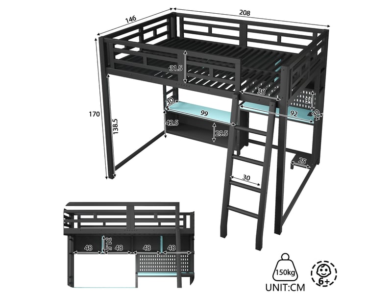  Lit mezzanine 140x200 cm noir avec bureau, étagères et éclairage led  - Conforama C
