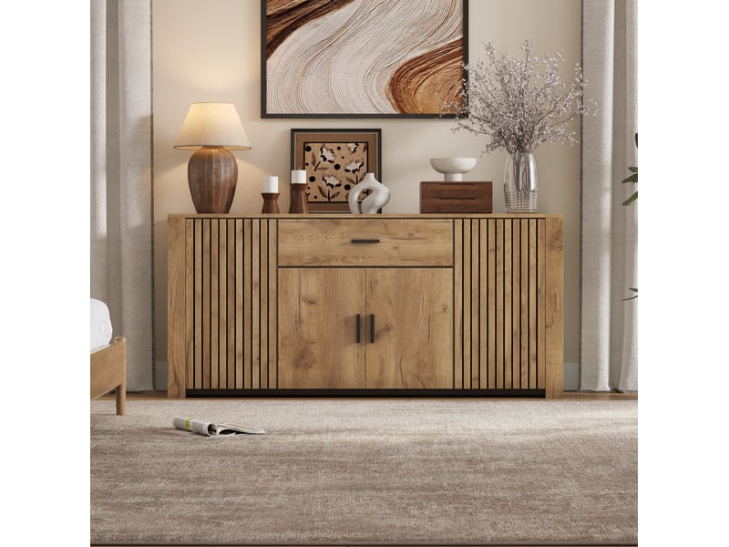  Buffet 160 x 40 x 75 cm – bois clair – 4 portes, 1 tiroir et étagères réglables pour salon et salle à manger  - Conforama B