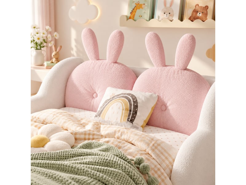  Lit enfant capitonné 140x200 cm blanc en tissu bouclé, tête de lit coussin lapin et barrières nuage, sans matelas  - Conforama E
