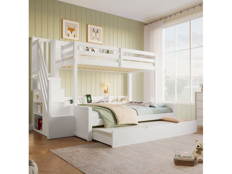  Lit superposé modenvie 90 x 200 cm et 140 x 200 cm avec lit gigogne 90 x 190 cm, rangement et prise usb blanc  - Conforama B