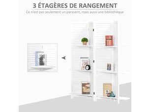 Paravent intérieur en bois 4 panneaux 160 x 170 cm, séparateur de pièce pliable avec 3 étagères, cloison de séparation pour salon, chambre à coucher, blanc, maison