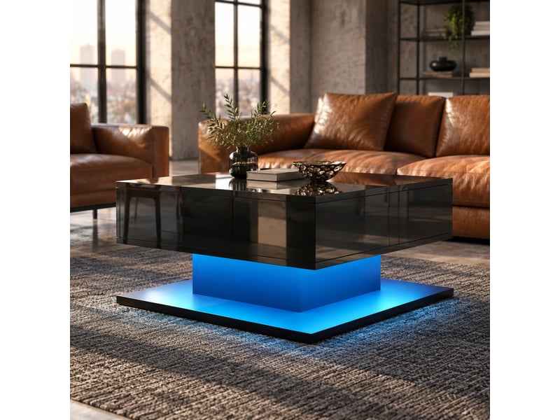  Table basse 72x72x35 cm relevable avec tiroirs et led, mdf et panneaux de particules noir  - Conforama C