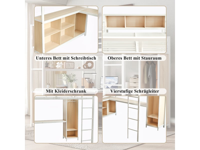  Lit mezzanine 140x200 cm, armoire intégrée, bureau avec rangement à deux niveaux, espace de rangement supérieur, échelle 4 marches, métal, blanc  - Conforama E