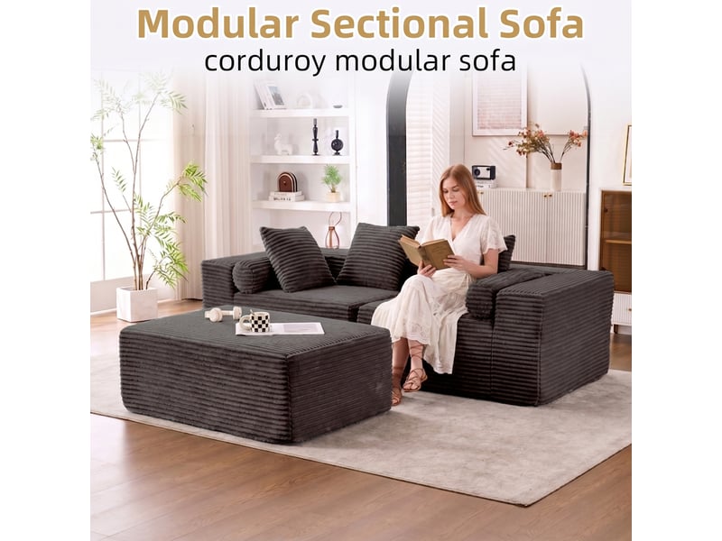  Canapé d’angle modulable,217x110x60,01 cm,3 places avec méridienne,chenille,noir  - Conforama E