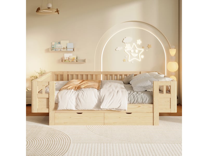 Lit enfant 140 x 200 cm avec barrières de sécurité hautes et 2 grands tiroirs, bois massif et mdf, blanc et effet bois naturel CozyNest - Conforama E