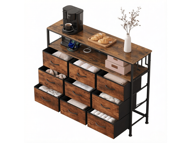  Commode 9 tiroirs 2 étagères avec multiprise et led marron rustique 110x30x85 cm T5828P540316 - Conforama B