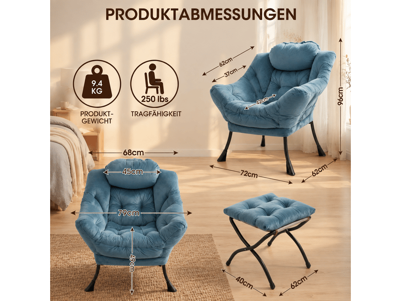  Fauteuil relax bleu avec repose-pieds, accoudoirs, poche latérale, fauteuil tv lounge  - Conforama C