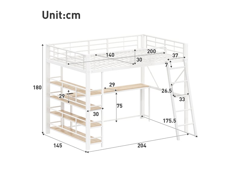  Lit mezzanine 140x200 cm, métal blanc, équipé de port usb, de led, de rangements et de bureau intégré, sans matelas  - Conforama C