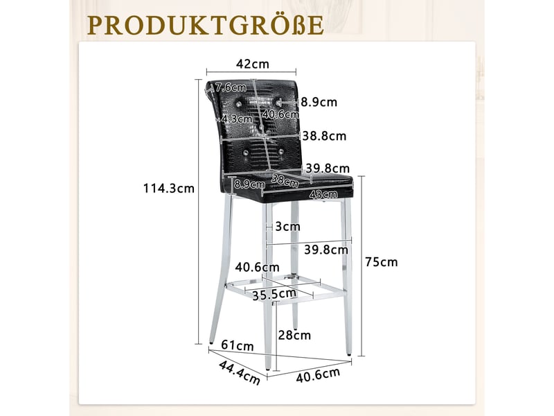 Lot de 2 tabourets de bar 44.4x40.6x114.3cm – avec dossier capitonnant de cristaux et repose-pieds – effet cuir crocodile - noir  - Conforama C
