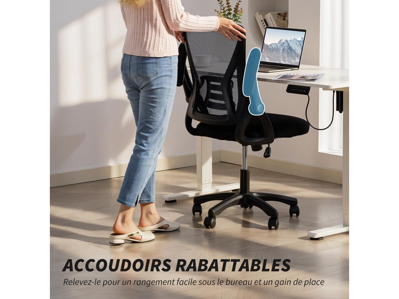  Chaise bureau ergonomique, fauteuil de bureau en maille, accoudoirs relevables, 59,5x56x103cm, hauteur réglable, noir  - Conforama E