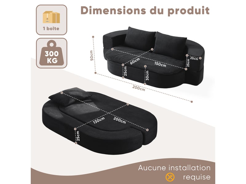  Canapé-lit pliable 2 places 200x130 cm - convertible 2 en 1 - matelas de sol - mousse mémoire de forme - 2 coussins - flanelle - noir CozyNest - Conforama C