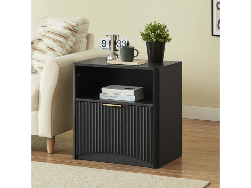 Table de chevet 58x38x60 cm – 1 grand tiroir cannelé & 1 niche – style scandinave & rétro chic - bois - noir - Conforama B