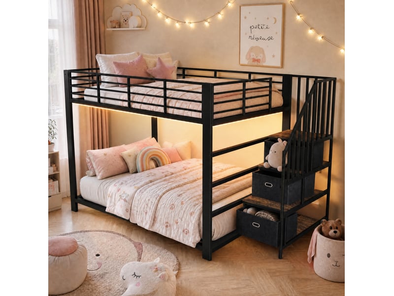  Lit superposé adulte 140x200 cm avec escalier en mdf et métal couleur noir sans matelas, design industriel  - Conforama D