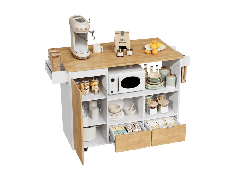 Îlot de cuisine mobile 120x70x91 cm blanc et bois, plateau rabattable, 2 tiroirs et roulettes Fay Lum - Conforama A