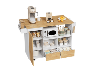 Îlot de cuisine mobile 120x70x91 cm blanc et bois, plateau rabattable, 2 tiroirs et roulettes