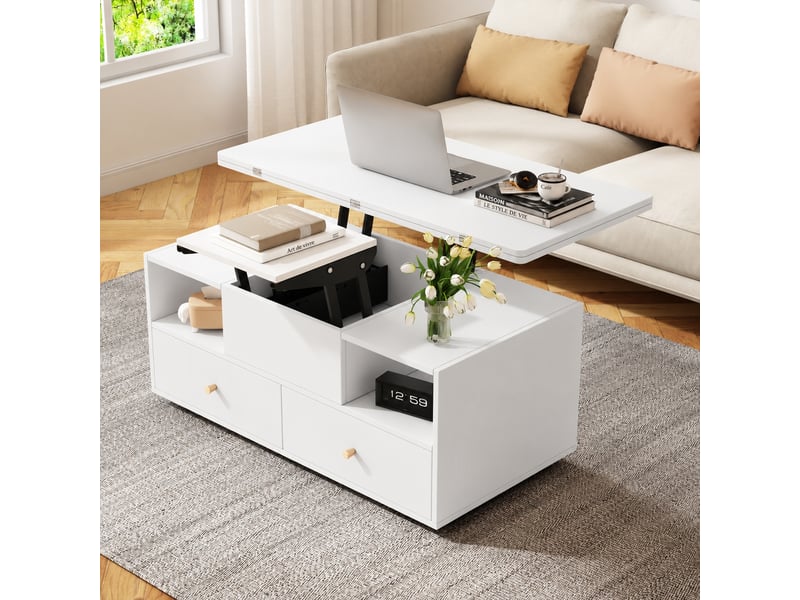 Table basse relevable hydraulique, convertible, 4 tiroirs, roulettes, 100 x 50 cm, blanc  - Conforama D