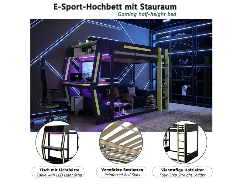  Lit mezzanine 1 place 120×200 cm avec bureau, étagères et led - okmyhome- noir et vert, sans matelas  - Conforama E