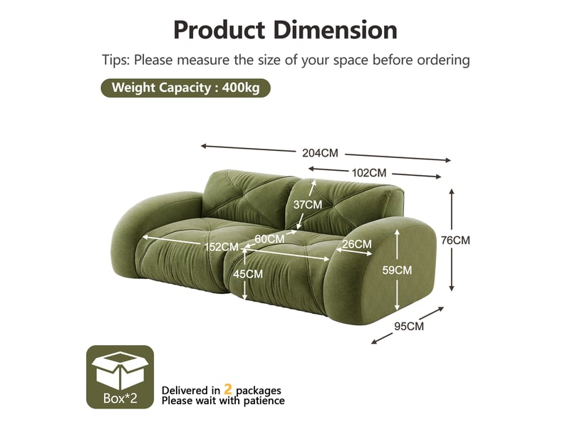 Canapé modulaire 2 places sans armature en chenille avec mousse 32d, vert - Conforama E