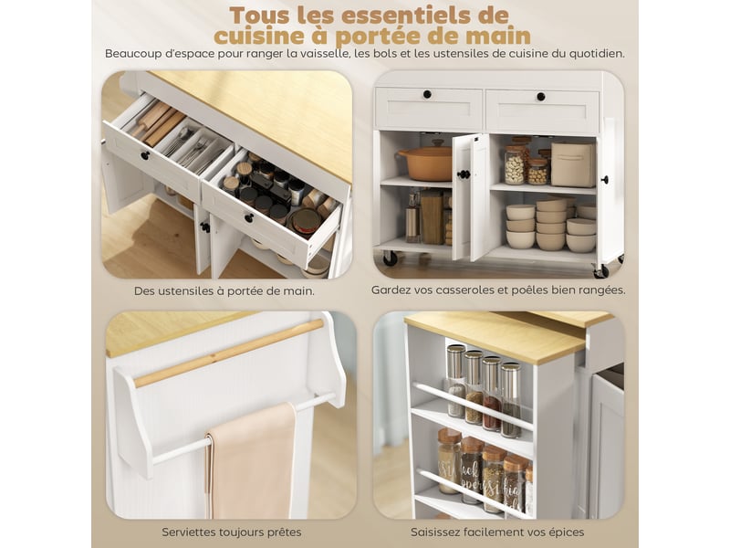  Îlot de cuisine extensible sur roulettes 4 portes 2 tiroirs blanc 127,2-189,2x50x87,8 cm  - Conforama E