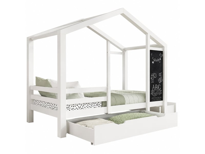  Lit enfant cabane 90x200 cm blanc avec tableau et 2 tiroirs  - Conforama A