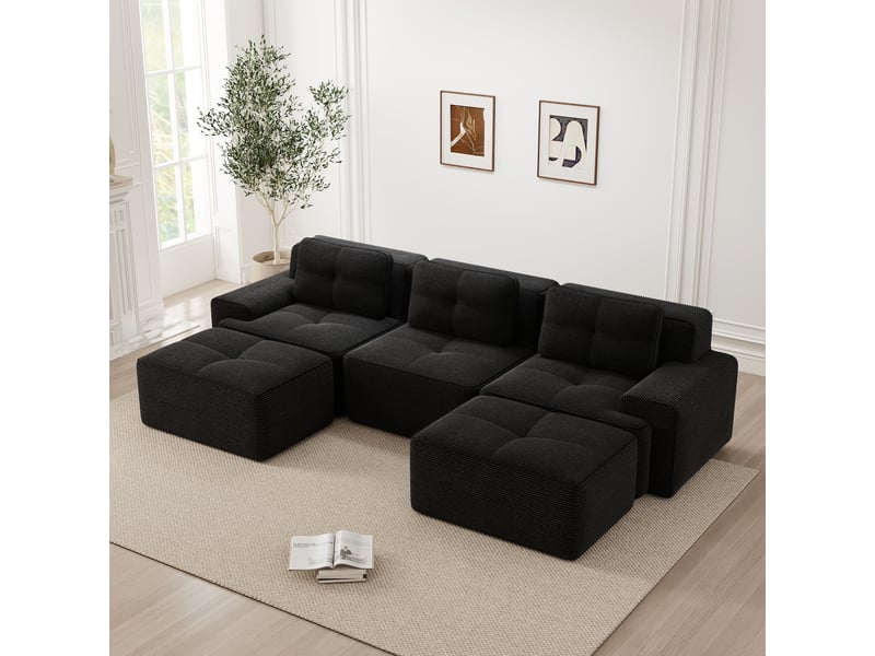  Canapé d'angle, canapé modulable; en velours tricoté, forme u, 3 places, noir, style cloud, sans cadre, avec pouf, sans montage  - Conforama A