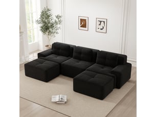 Canapé d'angle, canapé modulable; en velours tricoté, forme u, 3 places, noir, style cloud, sans cadre, avec pouf, sans montage
