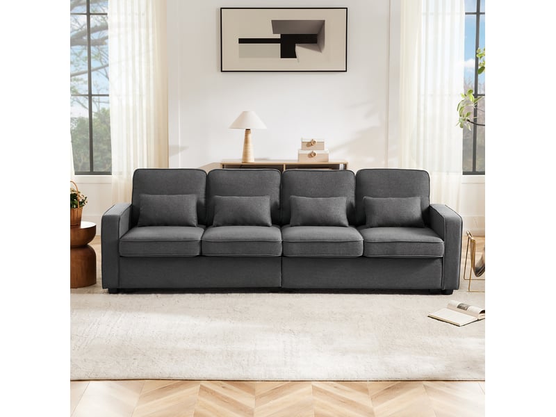  Canapé droit 4 places 264x83x87 cm, poches de rangement, bois et métal, couleur gris foncé, design moderne  - Conforama B