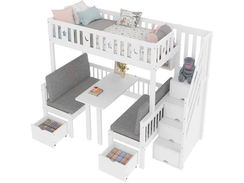  Lit mezzanine enfant 90 x 200 cm avec bureau pliant et couchage inférieur convertible, rangement, pin et mdf, blanc  - Conforama A