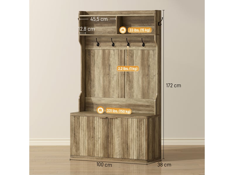  Porte-manteau + rangement chaussures 4 en 1, moderne, étagère ouverte, entréecouloirchambre, 100x38x172 cm, chêne.  - Conforama E