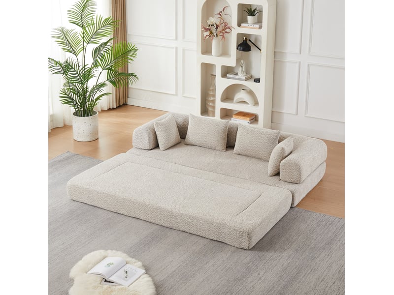  Canapé 2 places 4-en-1 en chenille beige avec 4 coussins  - Conforama B