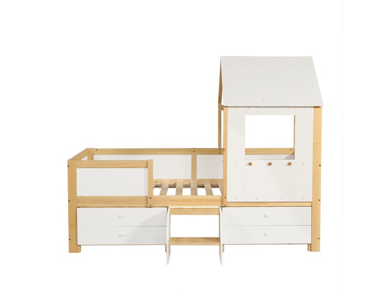 Lit cabane enfant 90x200 cm – blanc et naturel – 4 tiroirs de rangement, escalier 2 marches, sans matelas  - Conforama D