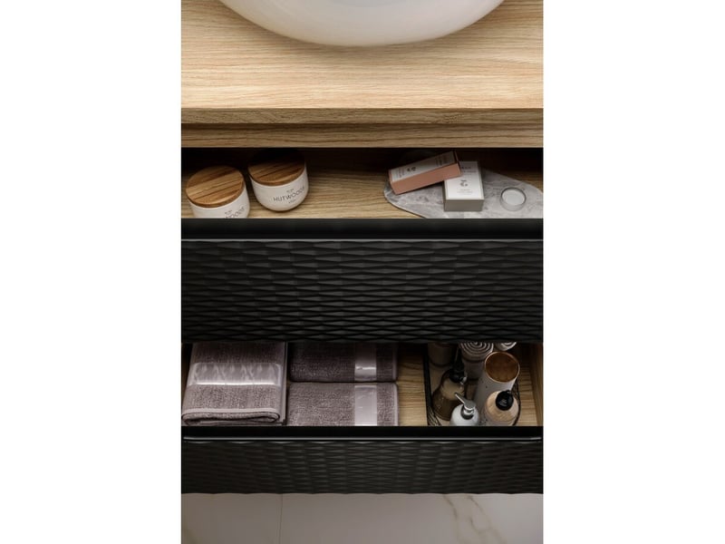  Meuble sous vasque yoka – 2 tiroirs – chêne clair et noir – l70 × p46 × h57 cm – à suspendre  - Conforama E